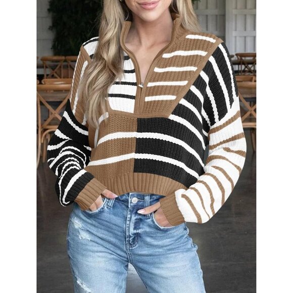 Women’s Coffe Saodi mallsu Striped Cropped Zip Up Sweater, Color Block - Picture 4 of 6